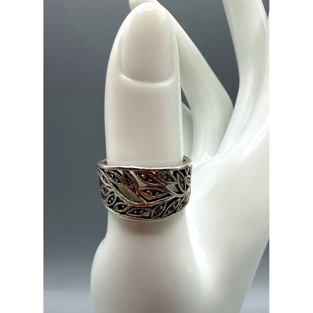 Vintage Sterling Silver 925 Filigree Marcasite Leaf Vine Wide Band Ring Sz 7.5